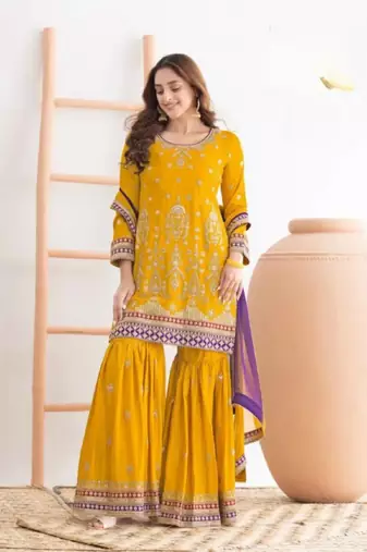 Yellow chinon semi stitched sharara suit with embroidered sequence & mirror work