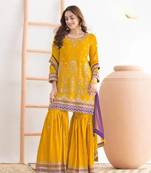 Yellow chinon semi stitched sharara suit with embroidered sequence & mirror work