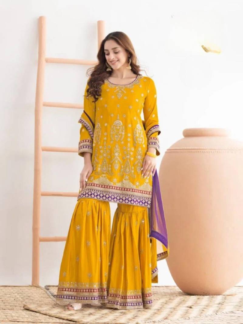 Yellow chinon semi stitched sharara suit with embroidered sequence & mirror work
