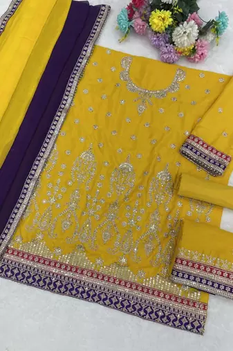 Yellow chinon sharara suit with embroidered sequin & mirror 