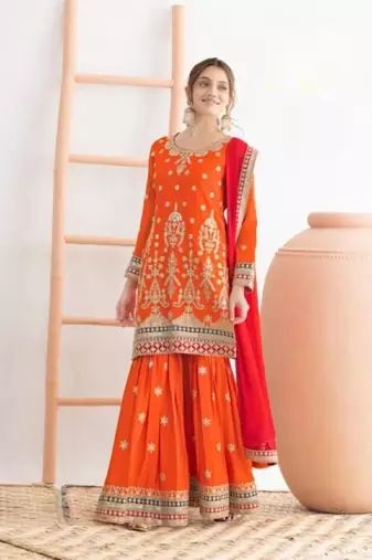Orange chinon semi stitched sharara suit with embroidered sequence & mirror work