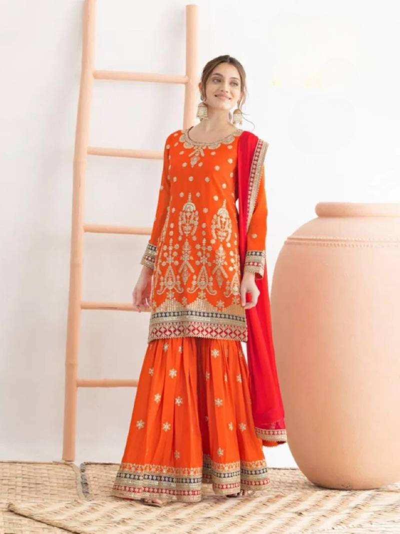 Orange chinon semi stitched sharara suit with embroidered sequence & mirror work
