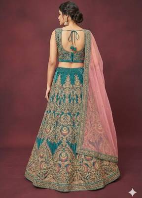 Teal Blue Velvet Thread Zari Dori & Sequins Embroidery Work Wedding Festival Party Wear Designer Lehenga Choli 7