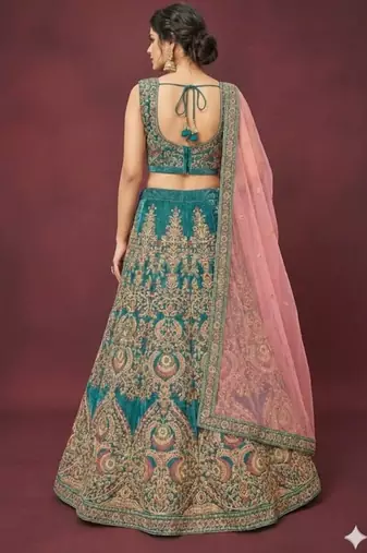 Teal Blue Velvet Thread Zari Dori & Sequins Embroidery Work Wedding Festival Party Wear Designer Lehenga Choli