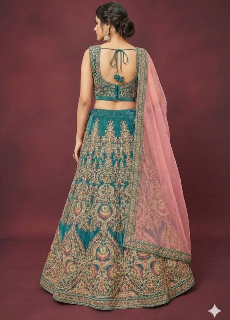 Teal Blue Velvet Thread Zari Dori & Sequins Embroidery Work Wedding Festival Party Wear Designer Lehenga Choli
