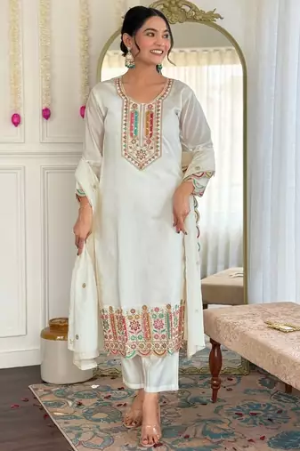 White embroidered kurta set with dupatta