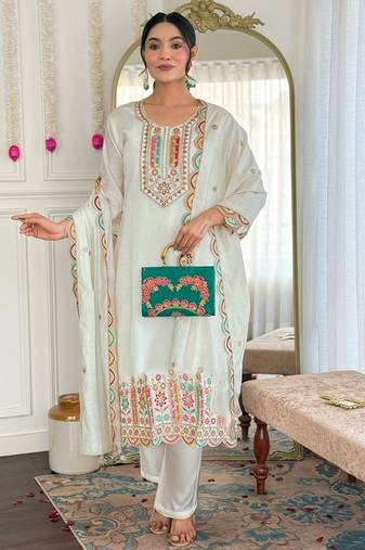 White embroidered kurta set with dupatta