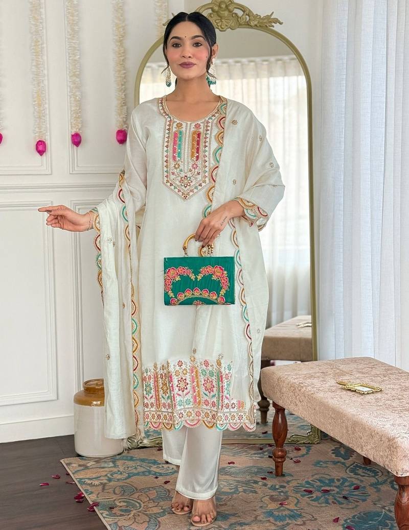 White embroidered kurta set with dupatta