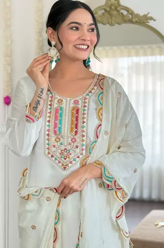 White embroidered kurta set with dupatta