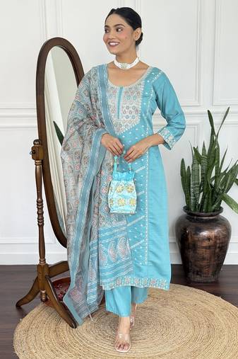 Blue vichitra silk kurta set with dupatta