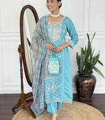 Blue vichitra silk kurta set with dupatta