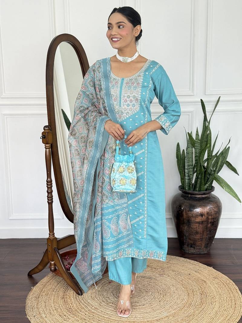Blue vichitra silk kurta set with dupatta
