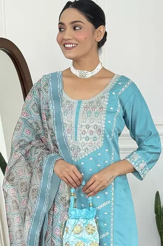 Blue vichitra silk kurta set with dupatta