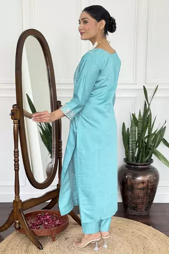 Blue vichitra silk kurta set with dupatta