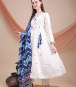 White embroidered kurta set with printed blue dupatta