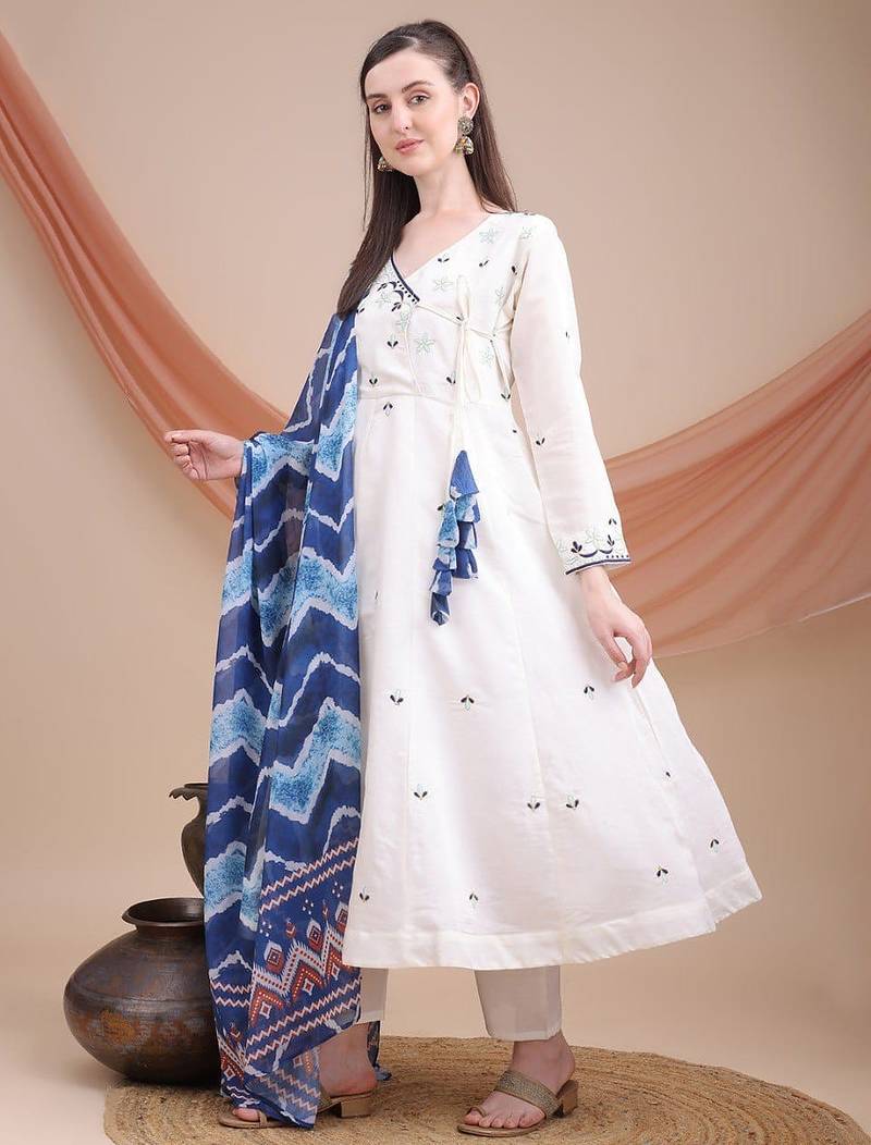 White embroidered kurta set with printed blue dupatta