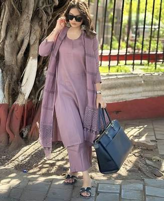 Purple cotton slub kurta set with printed dupatta 1