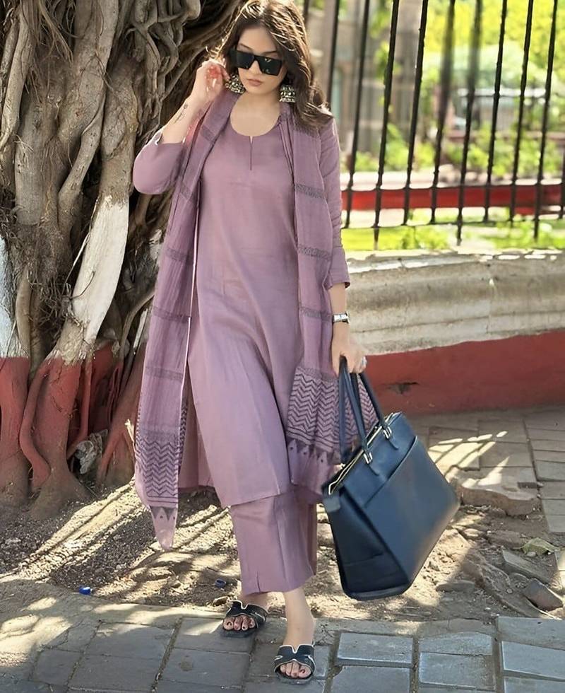 Purple cotton slub kurta set with printed dupatta