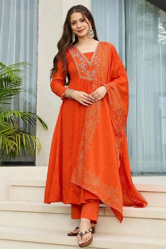 Orange chinon embroidered flared kurta set.