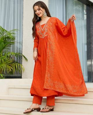 Orange chinon embroidered flared kurta set. 2