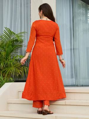 Orange chinon embroidered flared kurta set. 3