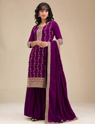 Elegant purple embroidered sharara suit set 2