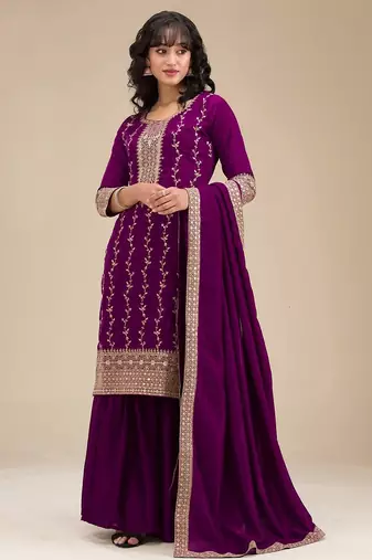 Elegant purple embroidered sharara suit set