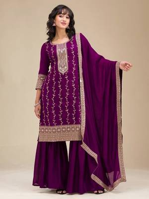 Elegant purple embroidered sharara suit set 1