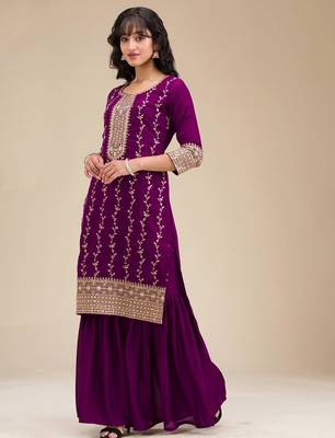 Elegant purple embroidered sharara suit set 3