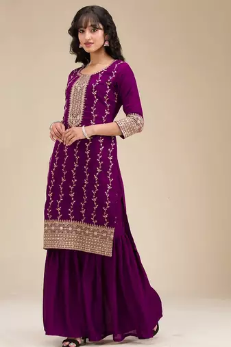 Elegant purple embroidered sharara suit set