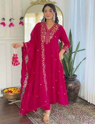 Vibrant rani embroidered vichitra silk kurti set 1