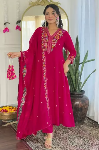 Vibrant rani embroidered vichitra silk kurti set
