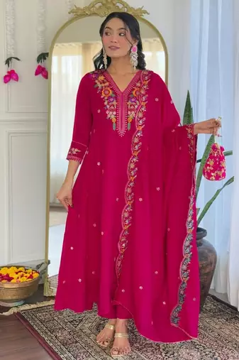 Vibrant rani embroidered vichitra silk kurti set