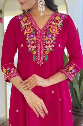 Vibrant rani embroidered vichitra silk kurti set