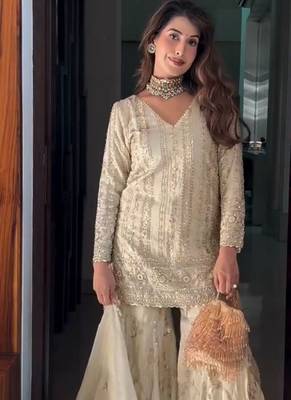 Cream georgette sharara set with intricate embroidery 2