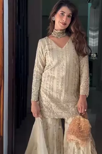Cream georgette sharara set with intricate embroidery