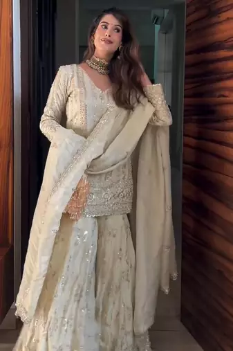 Cream georgette sharara set with intricate embroidery