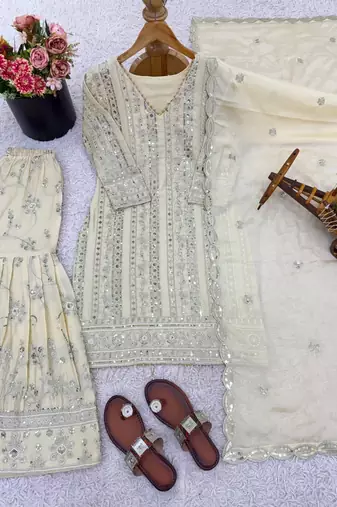 Cream georgette sharara set with intricate embroidery