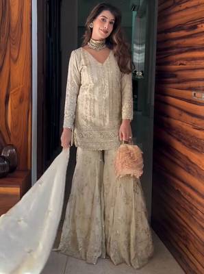 Cream georgette sharara set with intricate embroidery 5