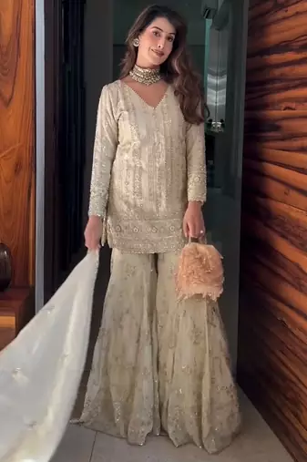 Cream georgette sharara set with intricate embroidery