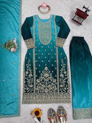 Aqua blue chinon silk palazzo set with intricate embroidery work 2