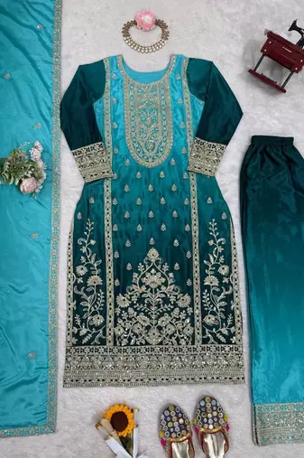 Aqua blue chinon silk palazzo set with intricate embroidery work