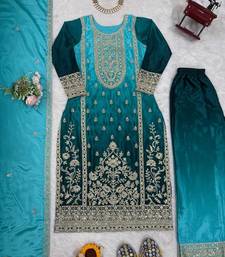 Aqua blue chinon silk palazzo set with intricate embroidery work
