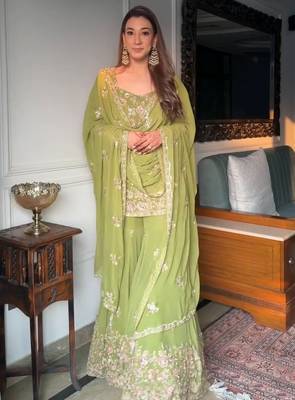 Green georgette sharara set intricate embroidery work 2