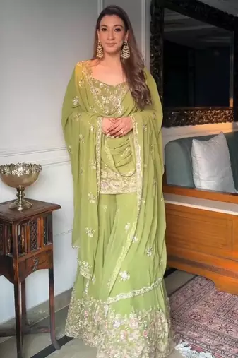 Green georgette sharara set intricate embroidery work