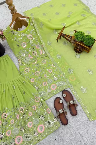 Green georgette sharara set intricate embroidery work