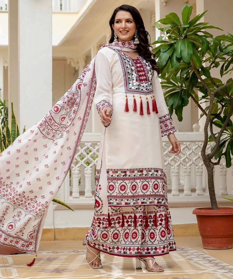 Muslin off white printed kurta set with dupatta