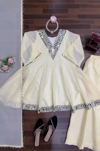 Cream cosmos mirror work kurta set with dupatta