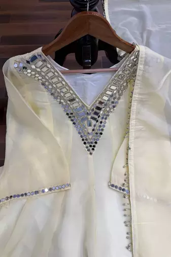 Cream cosmos mirror work kurta set with dupatta