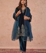 Teal blue velvet  kurta set with intricate embroidery work